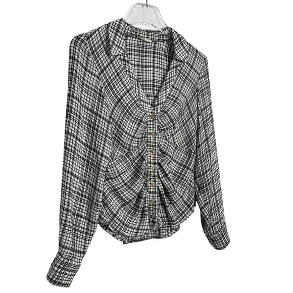 Anthropologie Pilcro The Keaton Ruched Collared Blouse Top Black White Size XS - Picture 5 of 8